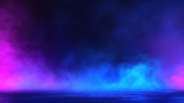 Abstract smoky background with neon blue and pink lighting.
