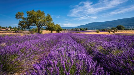 a vibrant field of lavender under a clear blue sky, with a tree to the left providing shade. in the background, a hillside with green vegetation can be seen, suggesting a rural, countryside setting