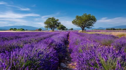 Obraz premium a picturesque landscape dominated by a large field of lavender bushes. the bushes are in full bloom, creating a vibrant purple carpet that stretches across the majority of the scene