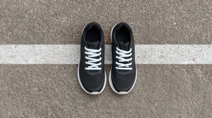 Black Athletic Sneakers Placed on a Rough Surface with a White Line in the Center, Ideal for Fitness and Active Lifestyle Promotions