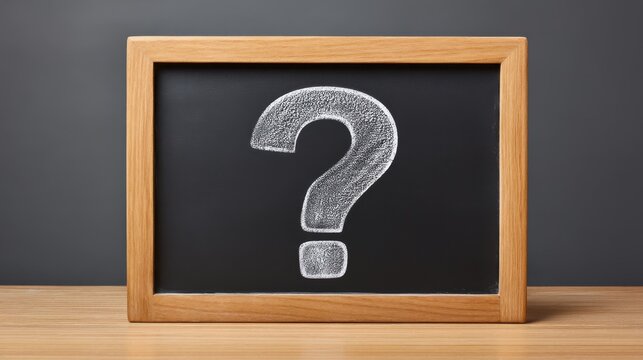 Black chalkboard with wooden frame displaying large white question mark against simple grey background for educational or business contexts