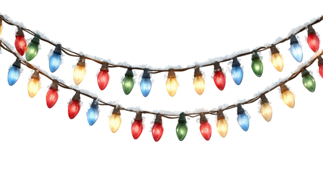 Festive colorful christmas lights string border with glowing bulbs decorative holiday illumination on transparent background high resolution png for new year design