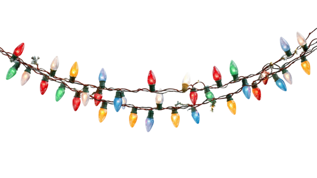 String of colorful christmas lights isolated on transparent background glowing multicolored bulbs festive illumination high resolution png for holiday and new year decoration