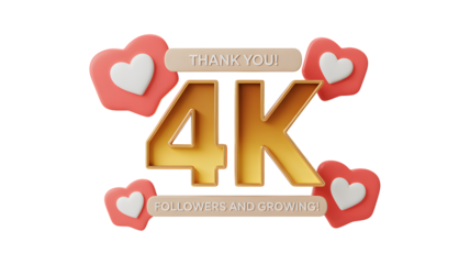 Golden four k with thank you and followers and growing text with hearts on a black background