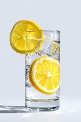 a clear glass filled with water and sliced lemons, garnishing a refreshing lemonade drink