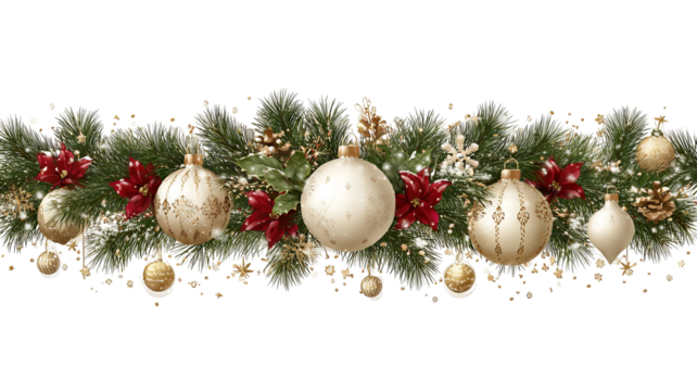 Festive christmas garland with glowing lights and shiny ornaments on transparent background decorative holiday border high resolution png for winter and new year design