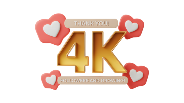 Golden four k with thank you and followers and growing text with hearts on a black background