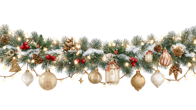 Festive christmas garland with glowing lights and shiny ornaments on transparent background decorative holiday border high resolution png for winter and new year design
