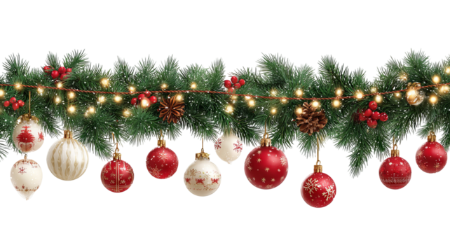Festive christmas garland with glowing lights and shiny ornaments on transparent background decorative holiday border high resolution png for winter and new year design