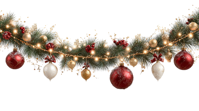 Festive christmas garland with glowing lights and shiny ornaments on transparent background decorative holiday border high resolution png for winter and new year design