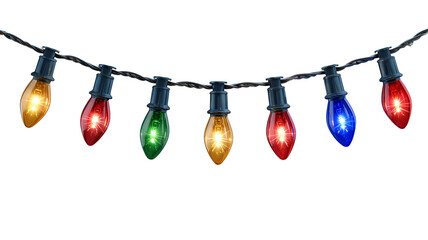 Colorful led christmas lights string with glowing multicolored bulbs festive illumination on transparent background high resolution png decoration for holiday design