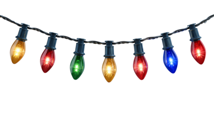 Colorful led christmas lights string with glowing multicolored bulbs festive illumination on transparent background high resolution png decoration for holiday design