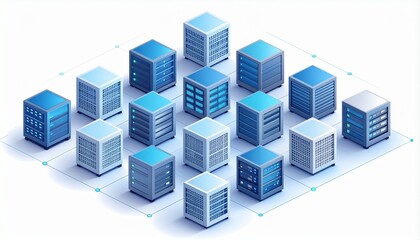 A vibrant isometric illustration of a network of interconnected blue server racks arranged in a grid pattern against a clean white background symbolizing data storage and cloud computing