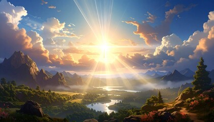 Beautiful religious image, bright light from heaven, light of hope and happyness from sky. 