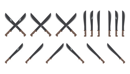 Machete vector icon set with crossed blades and single knives