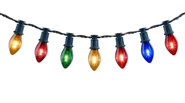 Colorful led christmas lights string with glowing multicolored bulbs festive illumination on transparent background high resolution png decoration for holiday design
