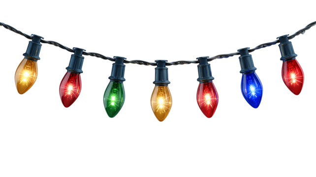 Colorful led christmas lights string with glowing multicolored bulbs festive illumination on transparent background high resolution png decoration for holiday design - Powered by Adobe
