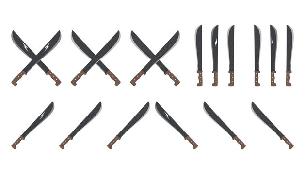 Machete vector icon set with crossed blades and single knives
