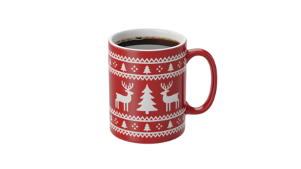 Red mug filled with coffee featuring a christmas sweater pattern on a black background isolated