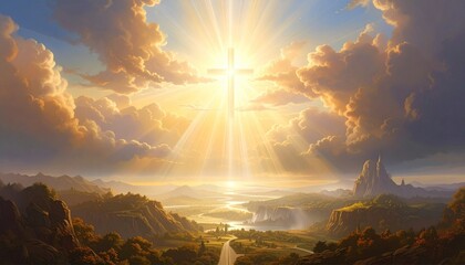 Beautiful religious image, bright light from heaven, light of hope and happyness from sky. 