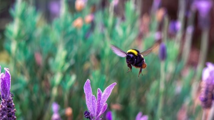 Bumblebee in flight near lavender flowers natures pollination