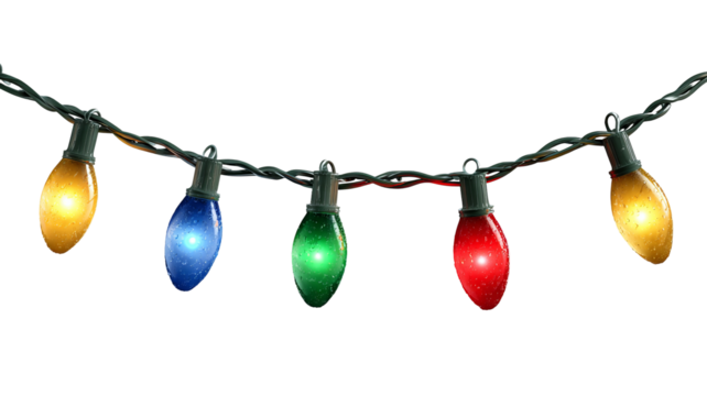Festive christmas lights garland with glowing colorful bulbs on transparent background bright holiday illumination high resolution png for seasonal greeting banner and celebration design