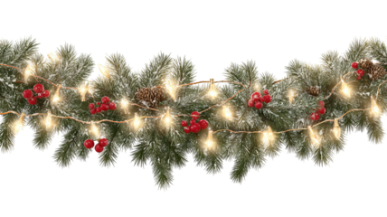 Christmas conifer garland with lights isolated on transparent background high resolution PNG clipart festive decoration for holiday cards invitations and web
