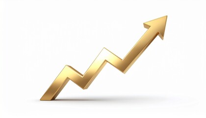 Golden arrow graph pointing upwards in a zigzag pattern indicating financial growth and positive progress against a clean white background with subtle shadow