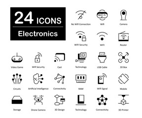 A set of 24 icons as no wifi connection, wifi, camer