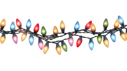 Colorful christmas lights string isolated on transparent background festive glowing multicolored bulbs decoration high resolution png for holiday and new year design