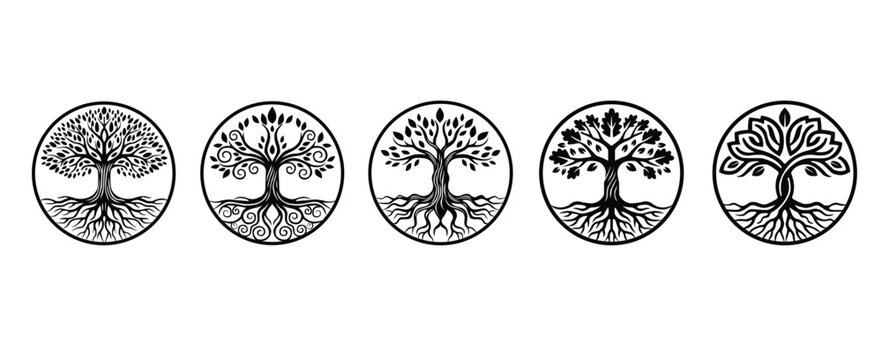 Minimal line art of tree of life symbol with roots and branches in circle shape for nature wellness spiritual and eco friendly concept perfect for logo and branding