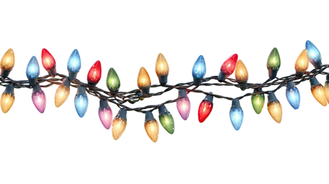 Colorful christmas lights string isolated on transparent background festive glowing multicolored bulbs decoration high resolution png for holiday and new year design