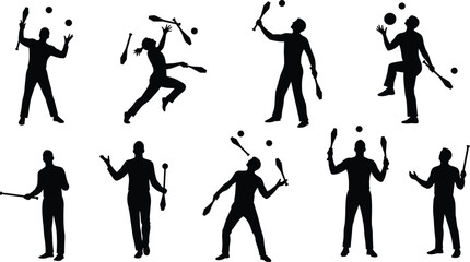 Silhouette vector illustration of jugglers performing with clubs and balls, showcasing dynamic poses, circus skills, teamwork, balance, rhythm, and coordination