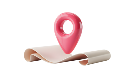 A pink location pin on a beige map against a black background in a rendered illustration style