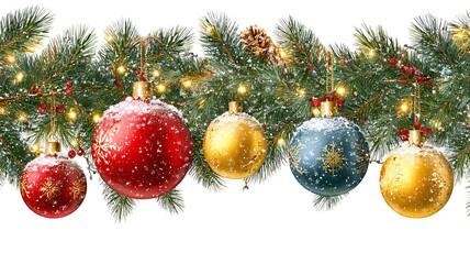 Christmas garland border with ornaments and red berries on white background festive winter decoration high resolution PNG style frame for greeting card banner and design projects
