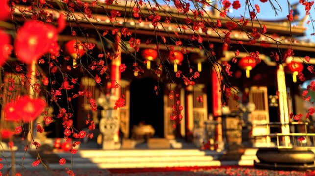 Traditional chinese temple with red lanterns and blossoming branches background