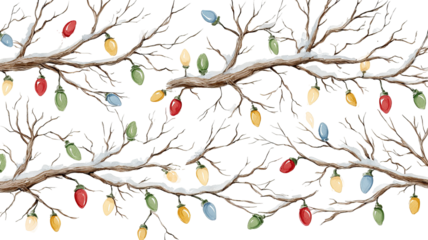 Christmas decoration seamless pattern with pine branches and colorful lights isolated on white background high resolution png style festive design for wrapping paper textile and holiday projects