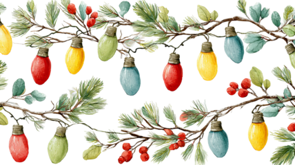 Christmas decoration seamless pattern with pine branches and colorful lights isolated on white background high resolution png style festive design for wrapping paper textile and holiday projects