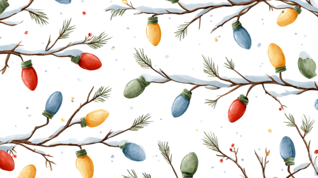 Christmas decoration seamless pattern with pine branches and colorful lights isolated on white background high resolution png style festive design for wrapping paper textile and holiday projects