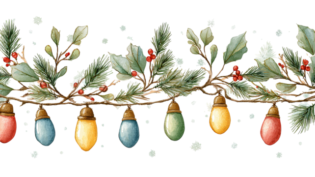 Christmas decoration seamless pattern with pine branches and colorful lights isolated on white background high resolution png style festive design for wrapping paper textile and holiday projects - Powered by Adobe