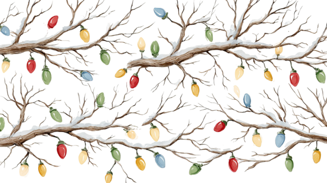 Christmas decoration seamless pattern with pine branches and colorful lights isolated on white background high resolution png style festive design for wrapping paper textile and holiday projects