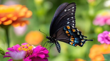 Butterfly on pink flower with colorful wing details and green foliage