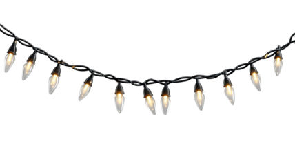 Soft orange Christmas string lights on black isolated high resolution PNG clipart warm glowing fairy garland festive overlay for holiday cards banners and web