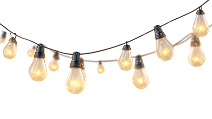 Warm string lights glowing softly cozy ambiance LED fairy garland isolated on transparent background high resolution PNG for party event wedding and home decor