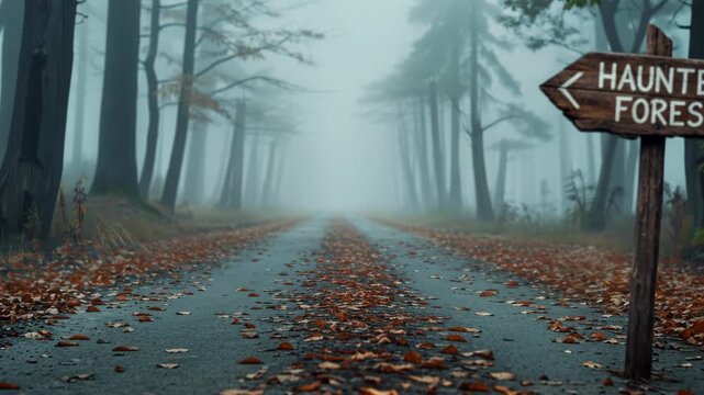 Misty Road Through Autumn Forest Leaves Creates Eerie Halloween Atmosphere Surrounded by Tall Trees and Fog