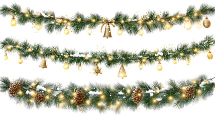 Vector Christmas string lights set glowing LED garlands on transparent background PNG clipart for holiday decoration invitations banners and postcards