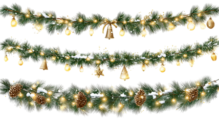 Vector Christmas string lights set glowing LED garlands on transparent background PNG clipart for holiday decoration invitations banners and postcards