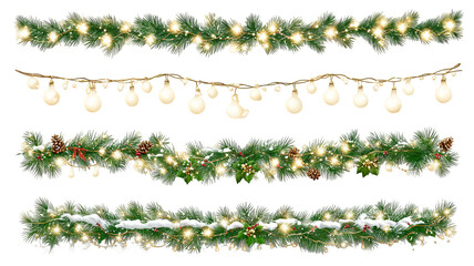 Vector Christmas string lights set glowing LED garlands on transparent background PNG clipart for holiday decoration invitations banners and postcards