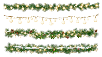 Vector Christmas string lights set glowing LED garlands on transparent background PNG clipart for holiday decoration invitations banners and postcards