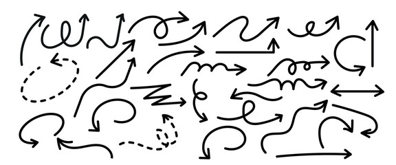 Collection of hand drawn doodle arrows in various styles and directions on a white background